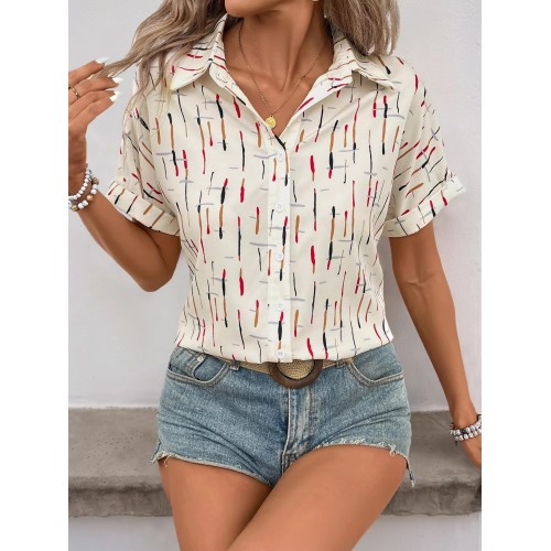 New Style Women's Casual Short-Sleeve Shirt Loose White Stand Collar