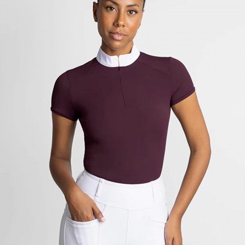 Women's Mesh Equestrian Competition Basic Zipper Breathable Riding Show Short-Sleeve Shirt